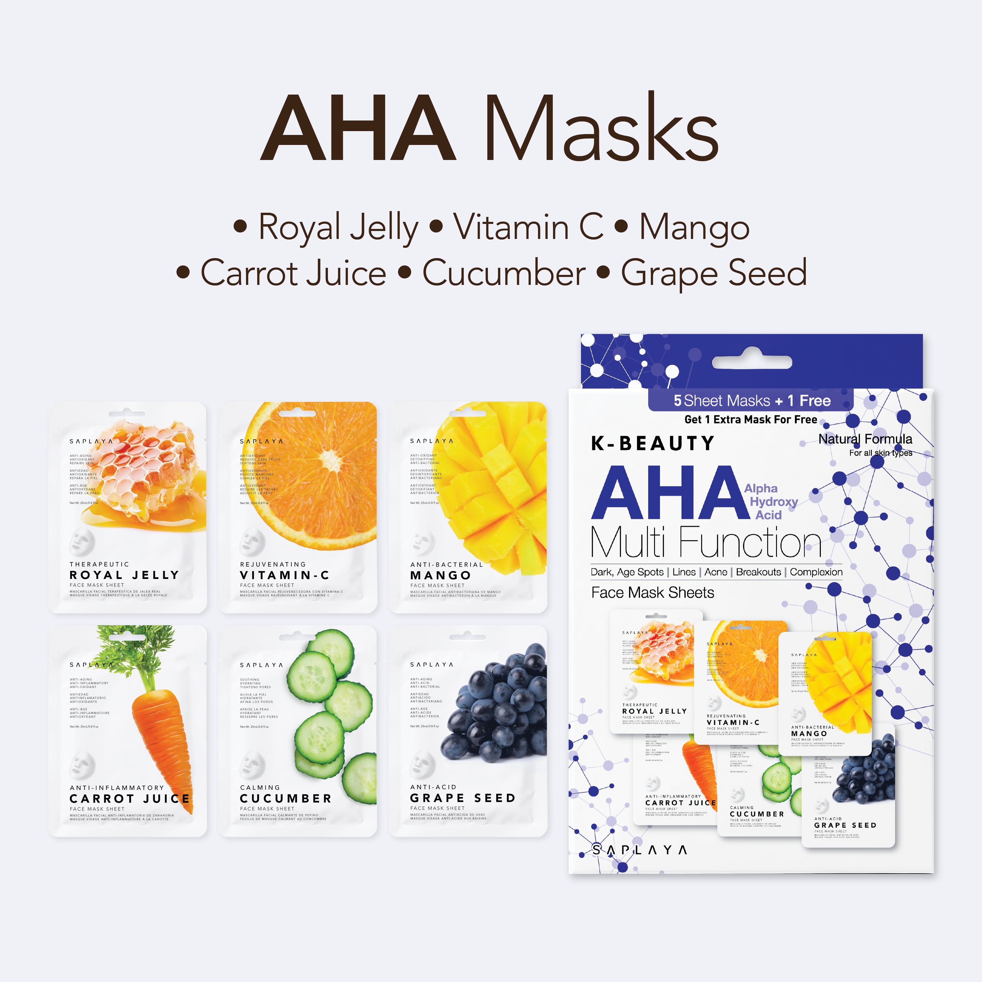 Saplaya - K-Beauty 6-Pack Face Mask Sheets | AHA Multi Function