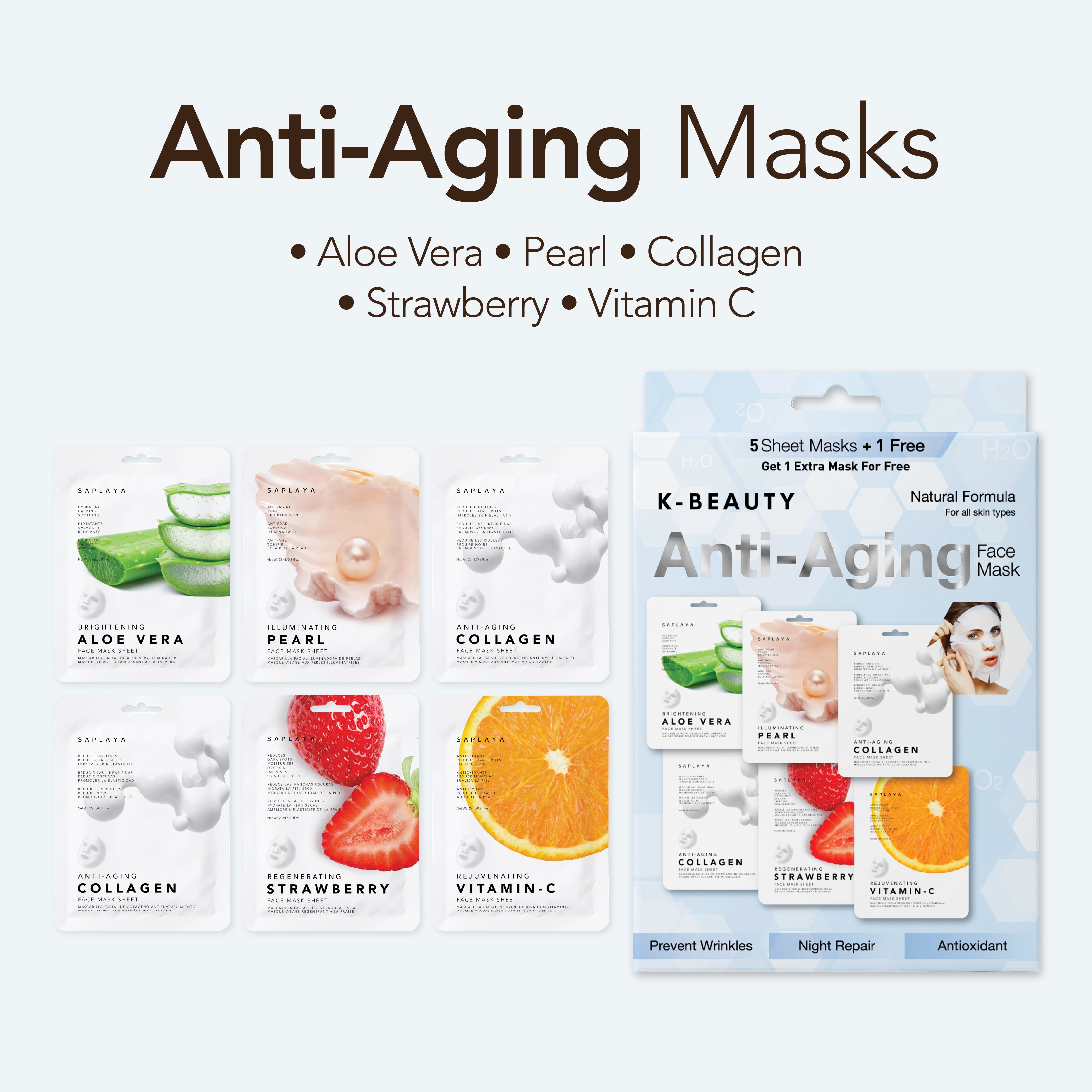 Saplaya - K-Beauty 6-Pack Face Mask Sheets | Anti-Aging