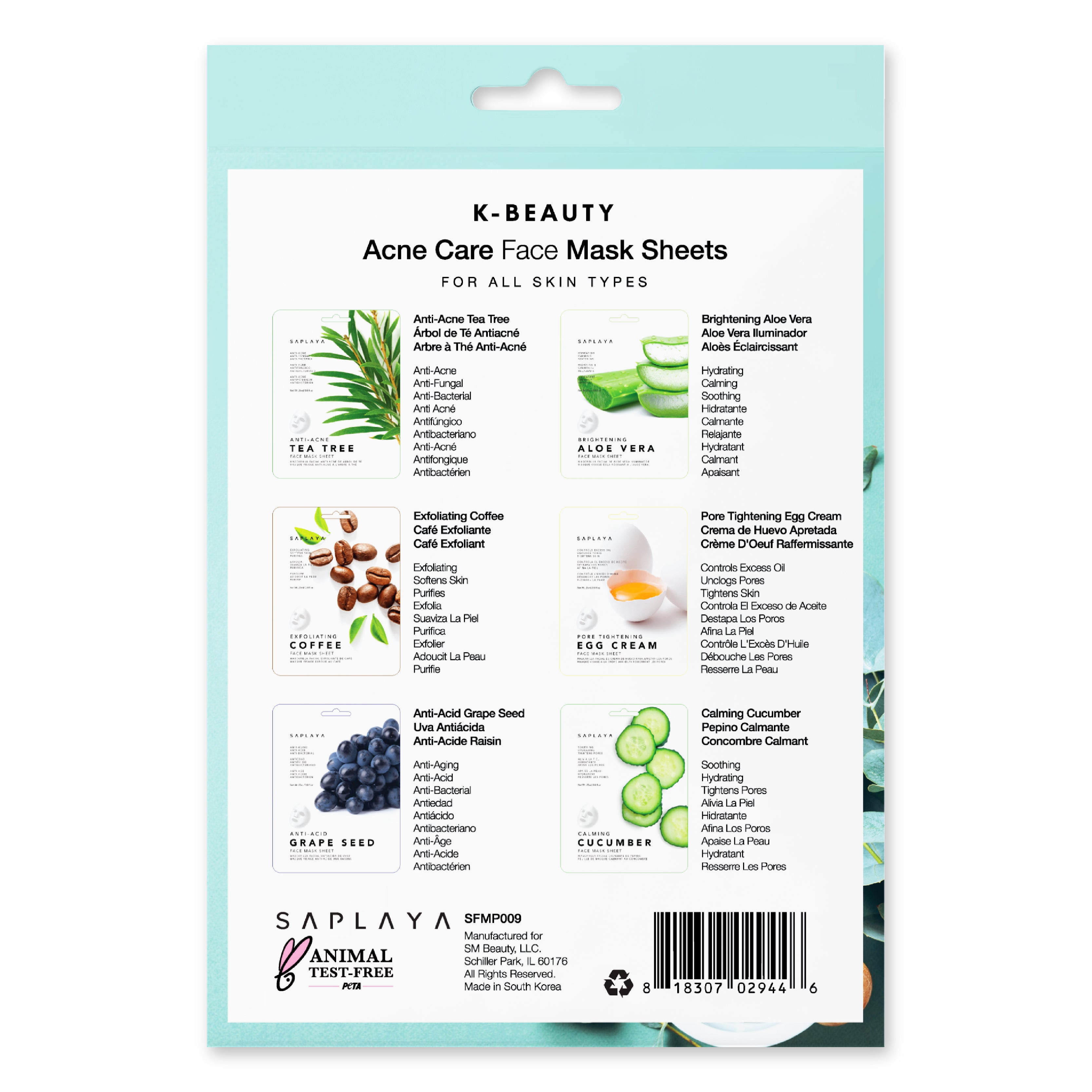Saplaya - K-Beauty 6-Pack Face Mask Sheets | Acne Care