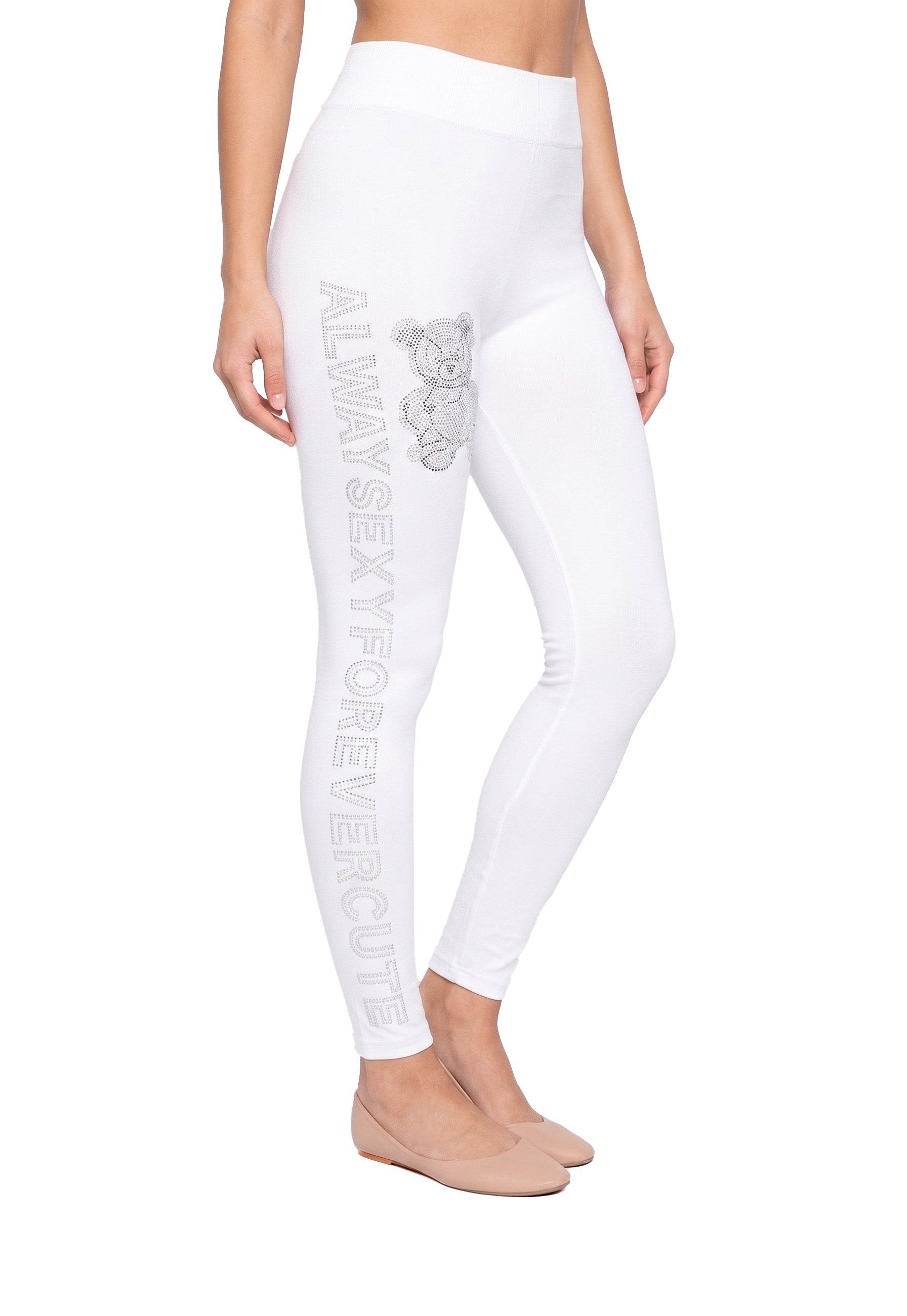 Leggings Rhinestone Studded White Bear