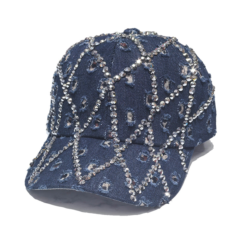 Rhinestone Denim Baseball Cap - Crystal Line Art