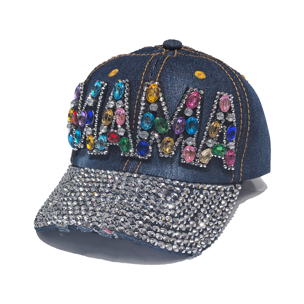 Rhinestone Denim Baseball Cap - MAMA Multi-Color