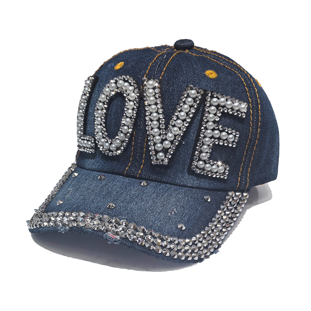 Rhinestone Denim Baseball Cap - LOVE Pearl