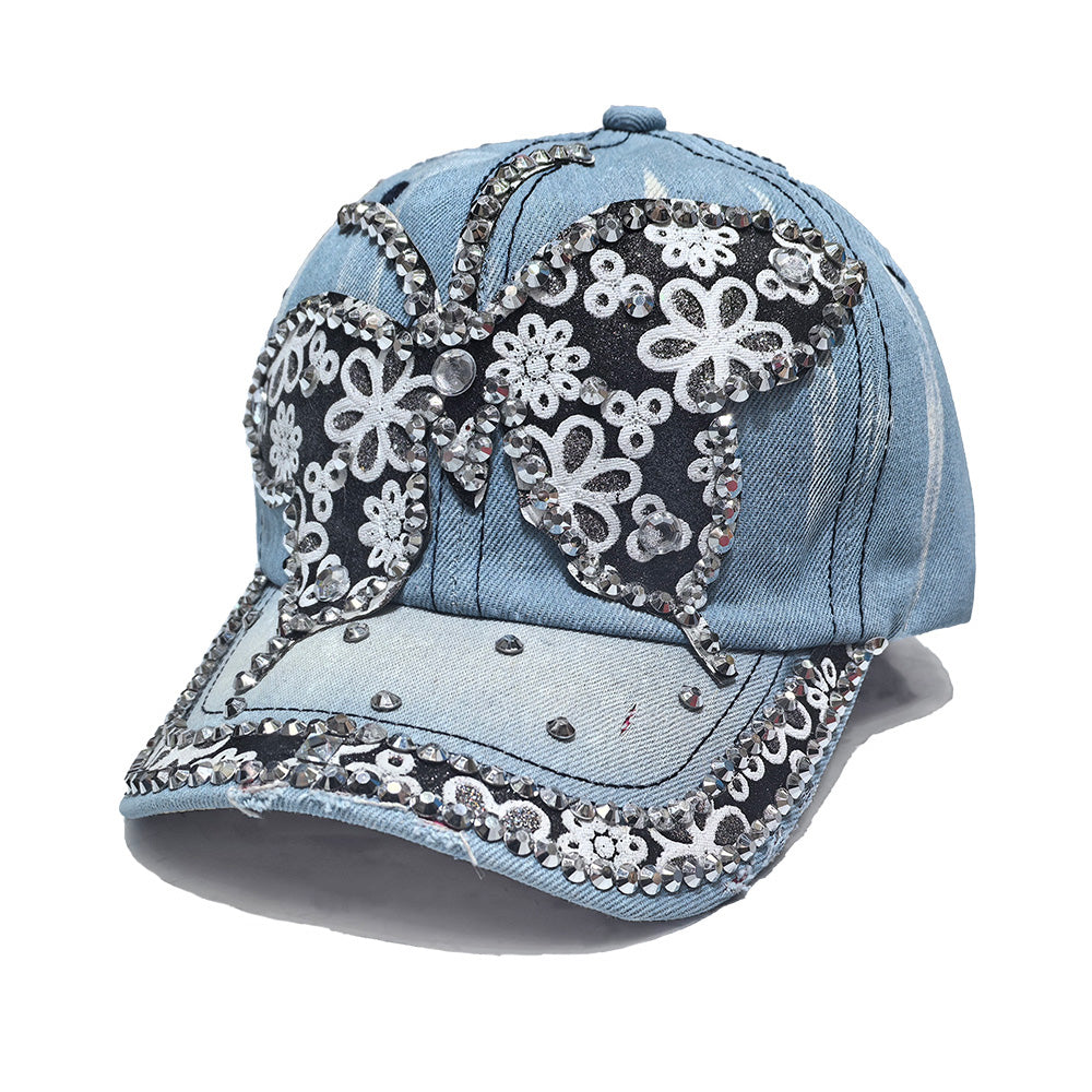 Rhinestone Denim Baseball Cap - Black Lace Butterfly
