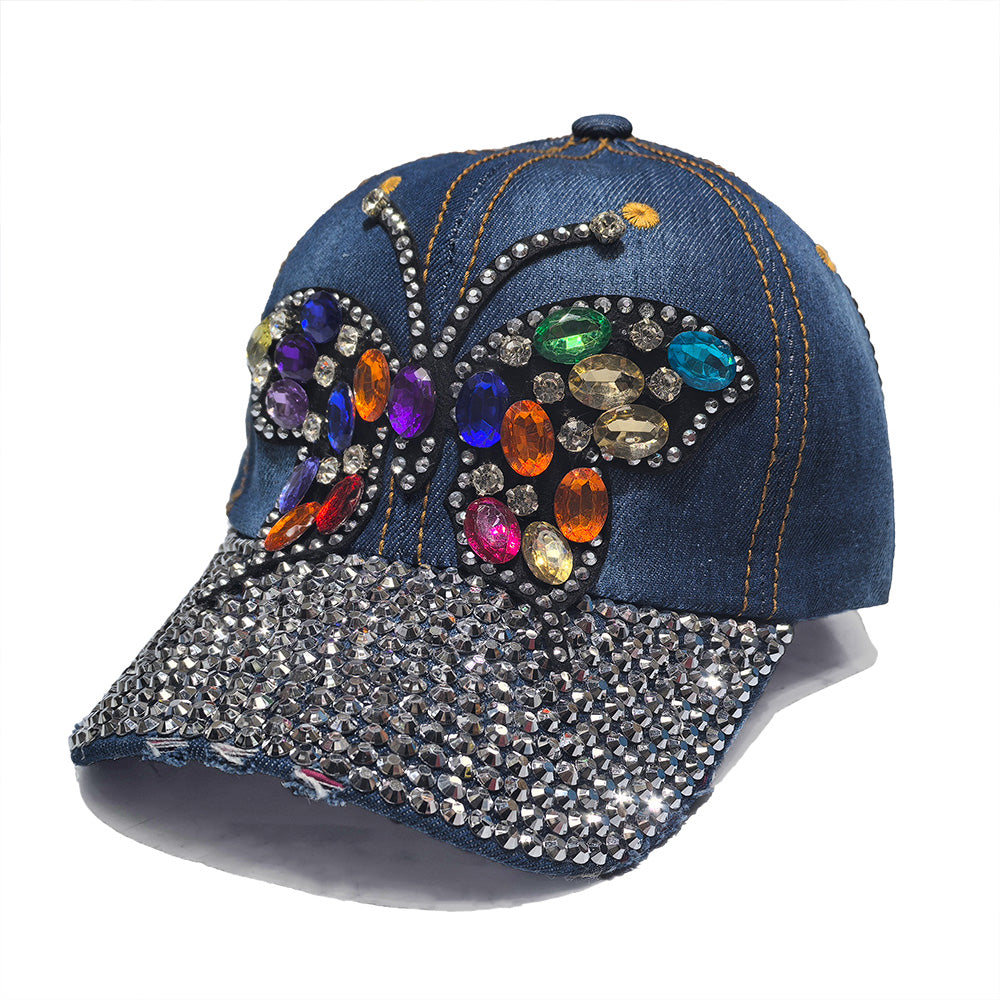 Rhinestone Denim Baseball Cap - Multi-Color Butterfly