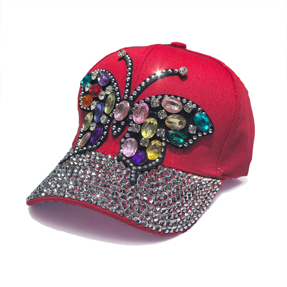 Rhinestone Red Baseball Cap - Multi-Color Butterfly