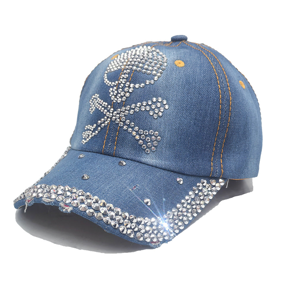 Rhinestone Light Denim Baseball Cap - Cross Bones