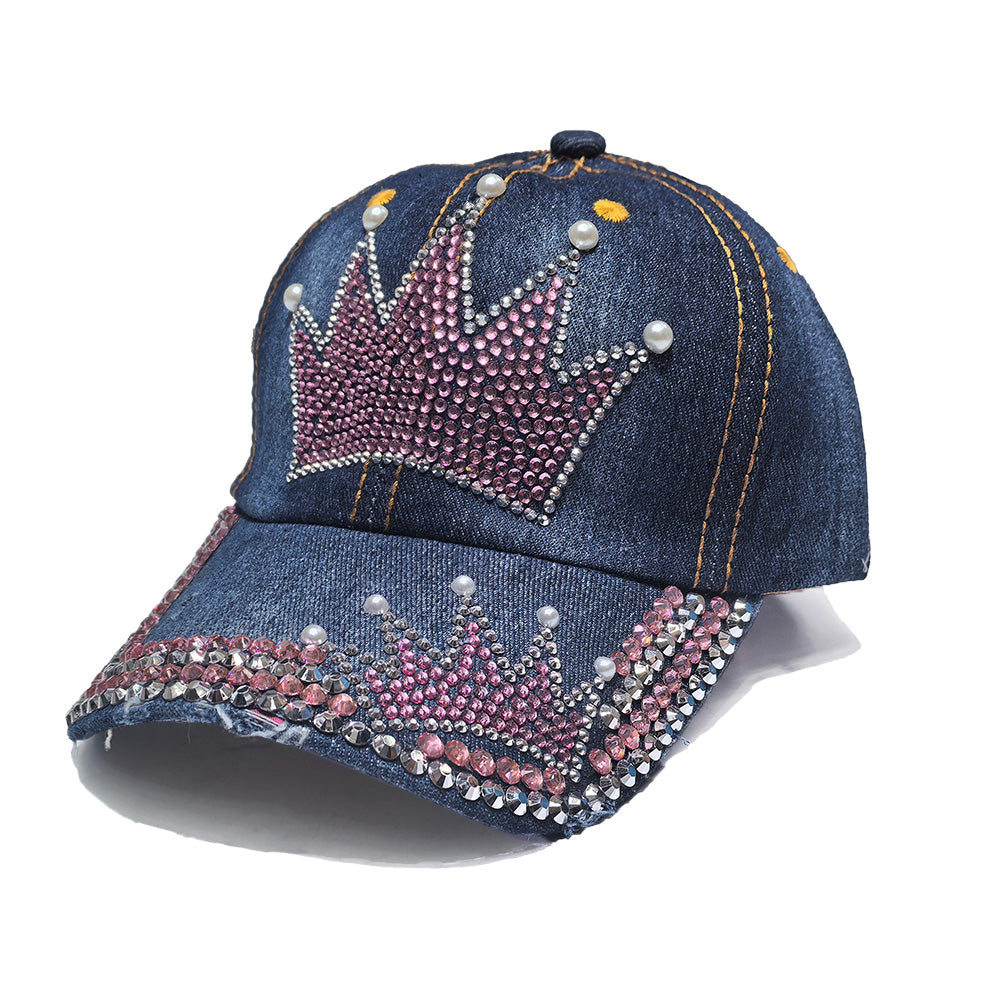 Rhinestone Denim Baseball Cap - Pink Crown
