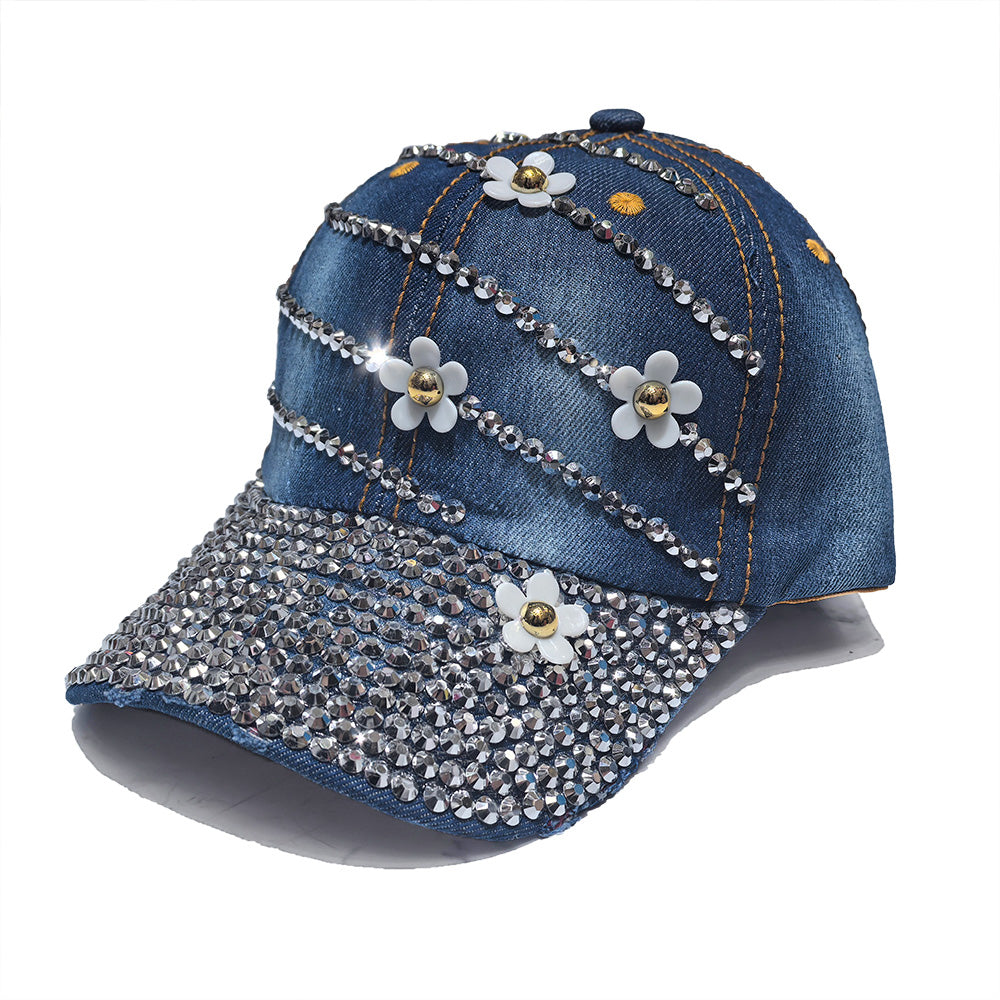 Rhinestone Denim Baseball Cap - Flowers