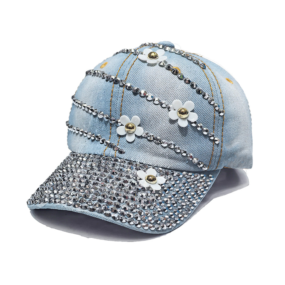 Rhinestone Light Denim Baseball Cap - Flower