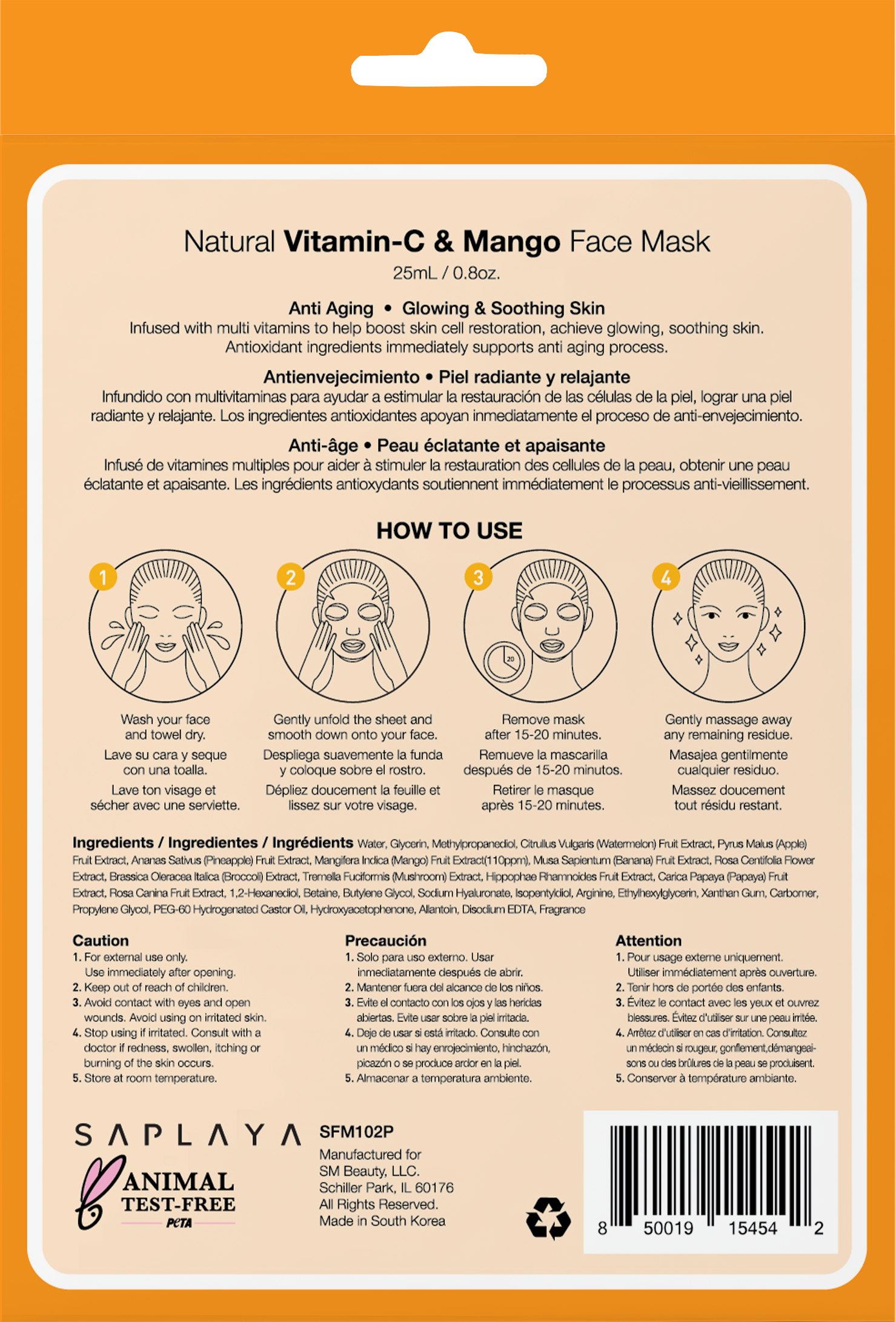Saplaya - K-Beauty 6-pack Face Mask Sheets | Vitamin-C & Mango