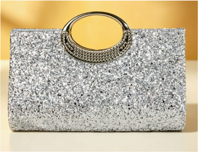 Glitter Evening Clutch with Rhinestone Oval Handle