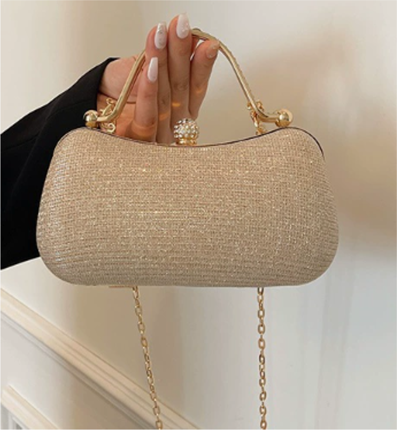 Shimmer Evening Clutch with Crystal Clasp & Chain Strap