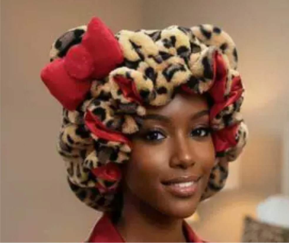 Multicolor Leopard Print Plush Winter Bonnet with Satin Lining, Ears & Bow