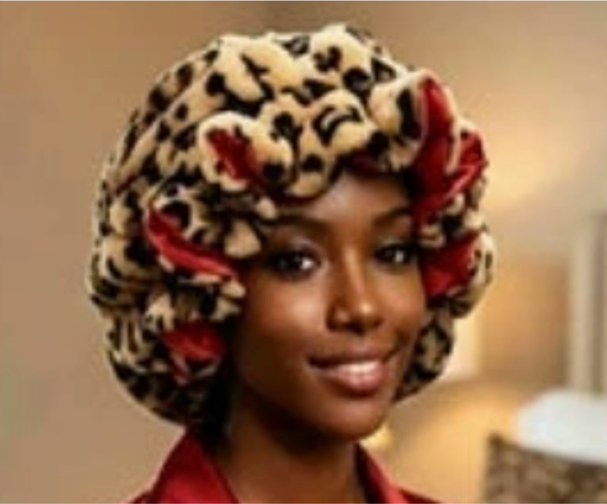 Leopard Print Plush Winter Bonnet with Satin Lining