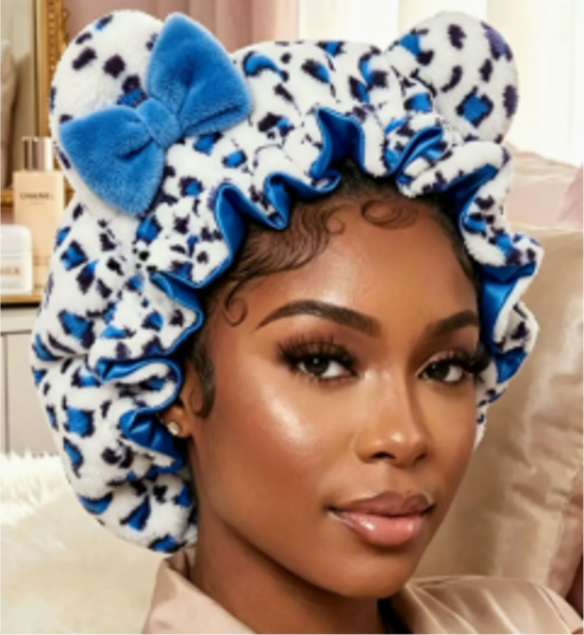 Leopard Print Plush Winter Bonnet with Satin Lining, Ears & Bow