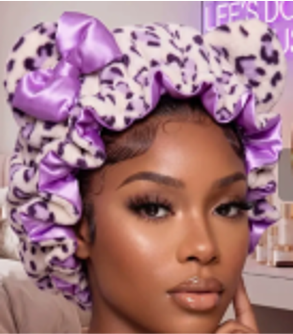 Leopard Print Plush Winter Bonnet with Satin Lining, Ears & Bow