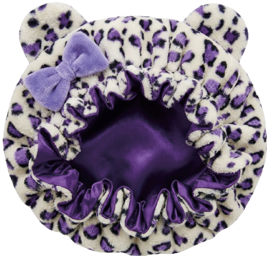 Leopard Print Plush Winter Bonnet with Satin Lining, Ears & Bow
