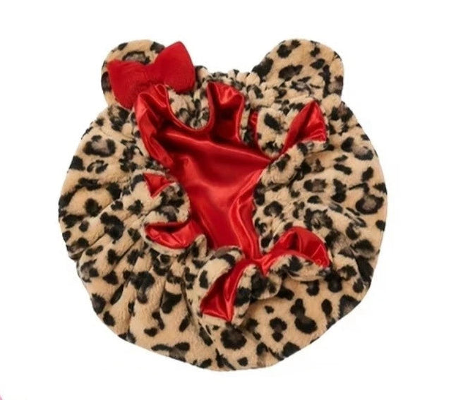 Multicolor Leopard Print Plush Winter Bonnet with Satin Lining, Ears & Bow