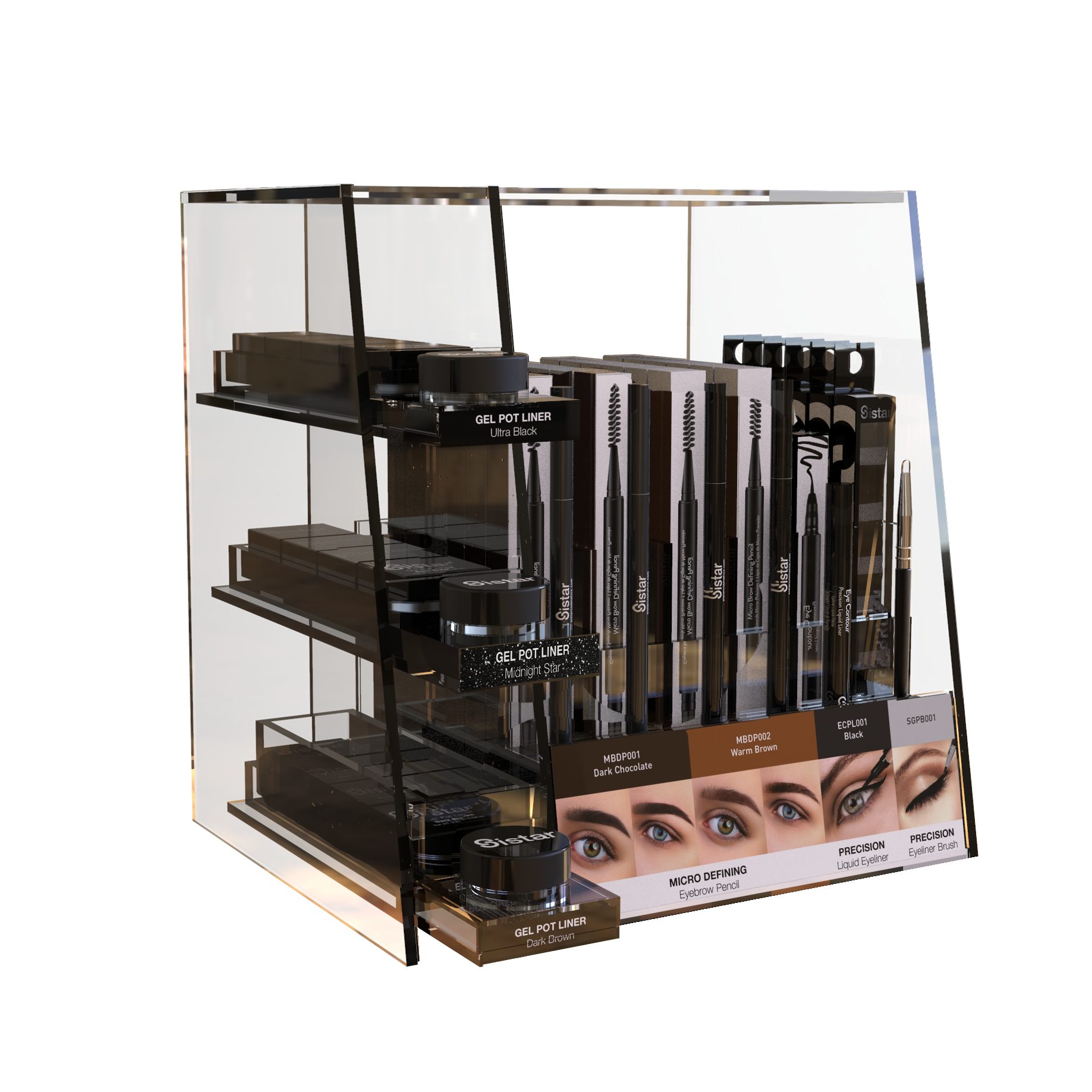 Sistar - Gel Pot Liner & Micro Brow Pencil & Precision Liquid Liner | Acrylic Display