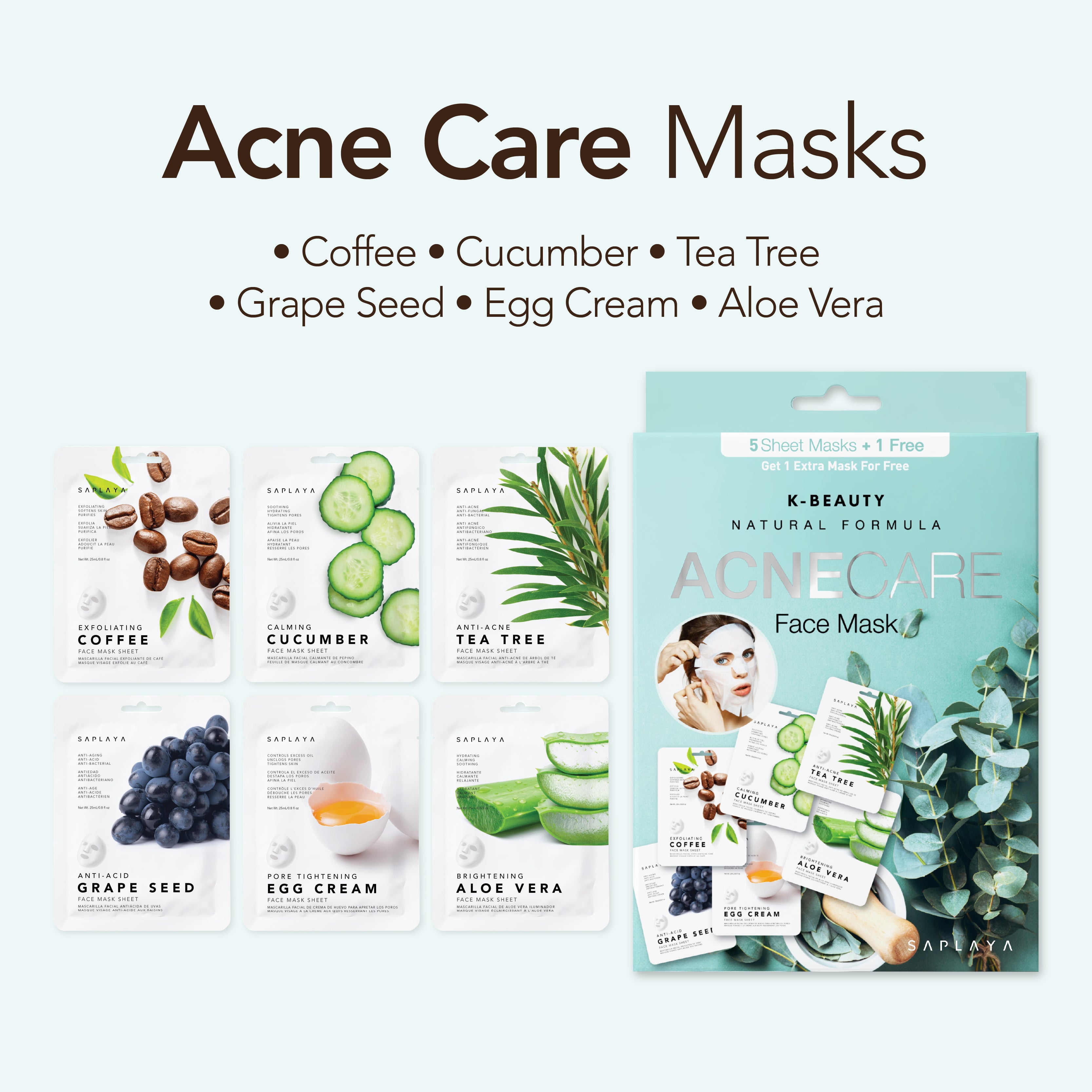 Saplaya - K-Beauty 6-Pack Face Mask Sheets | Acne Care