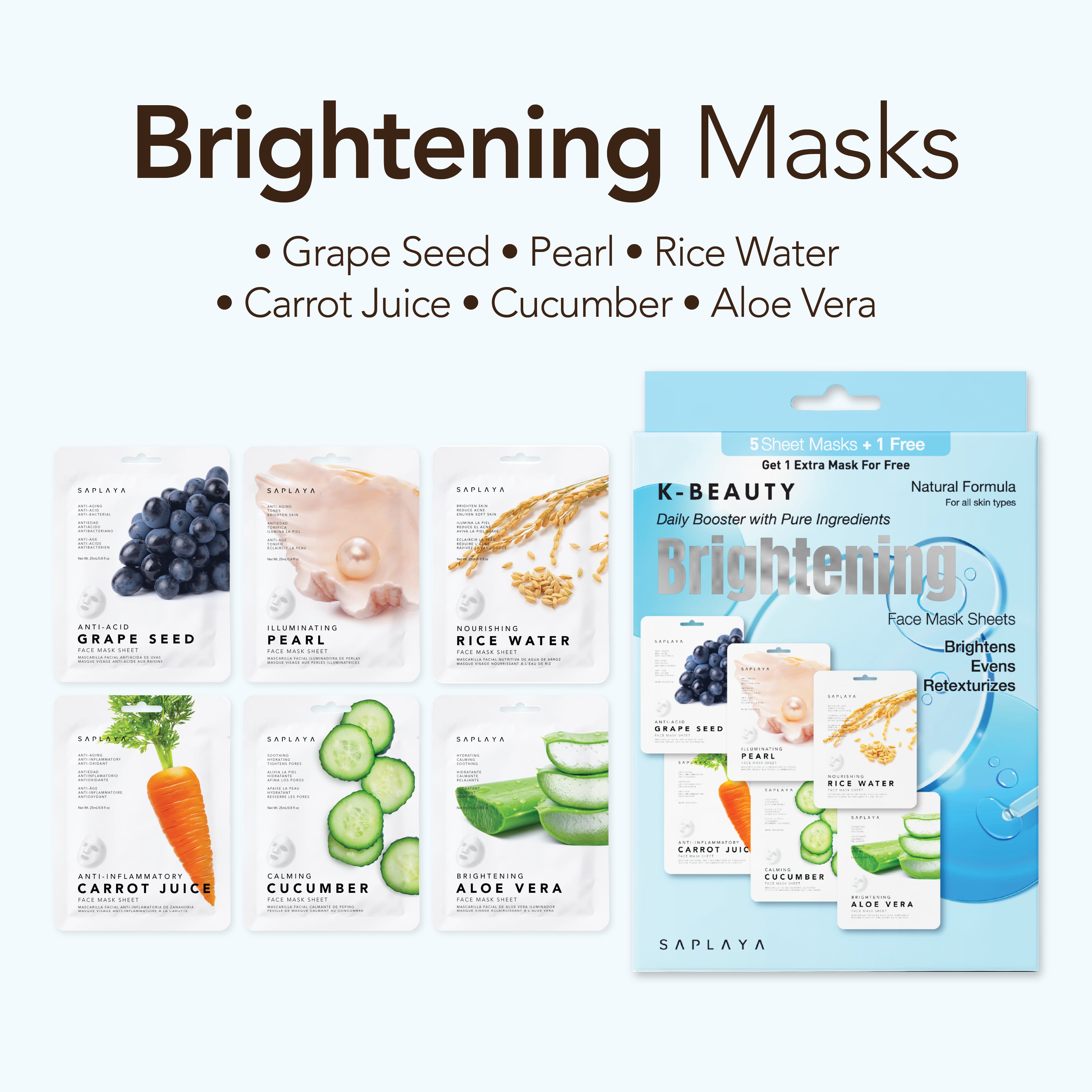 Saplaya - K-Beauty 6-Pack Face Mask Sheets | Brightening