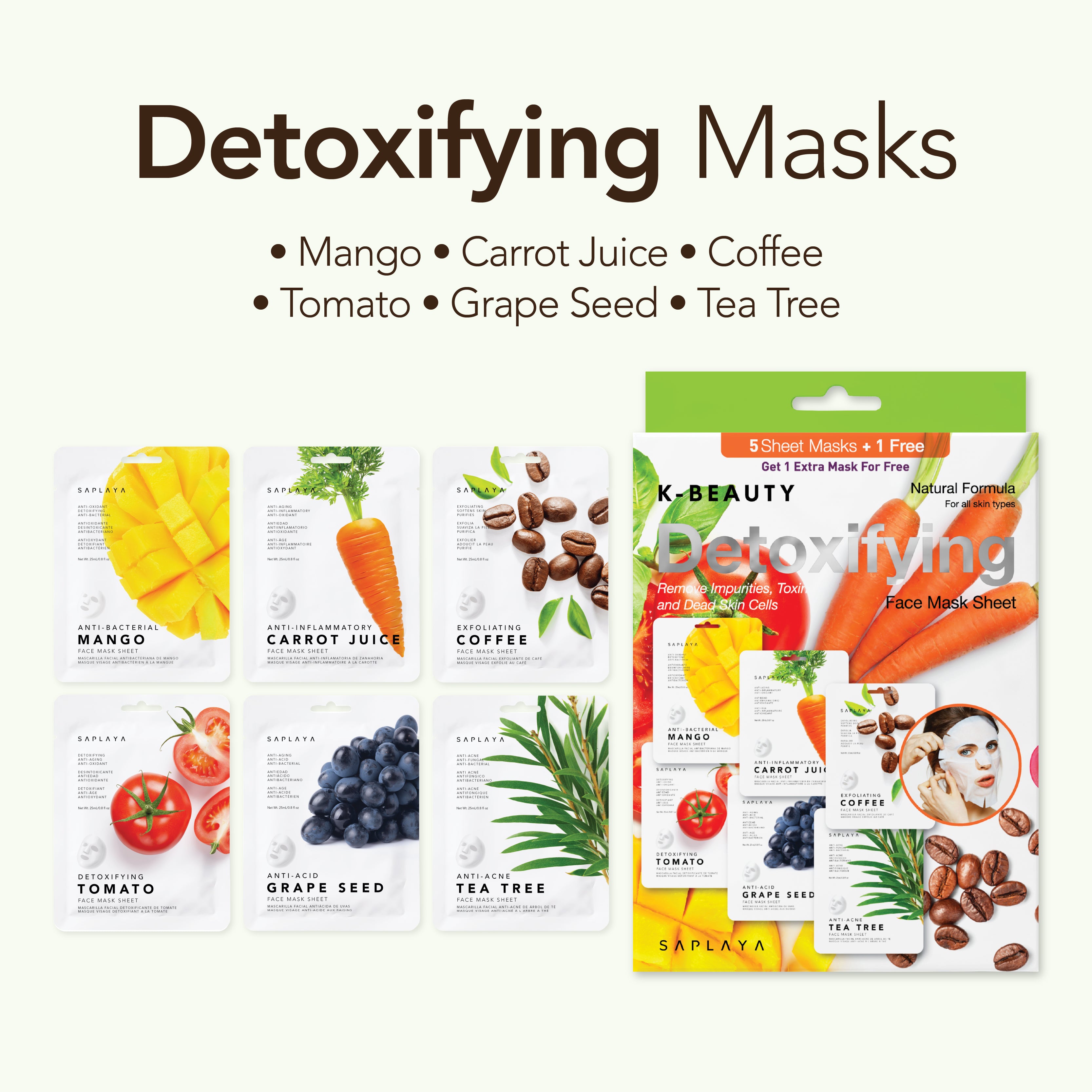 Saplaya - K-Beauty 6-Pack Face Mask Sheets | Detoxifying