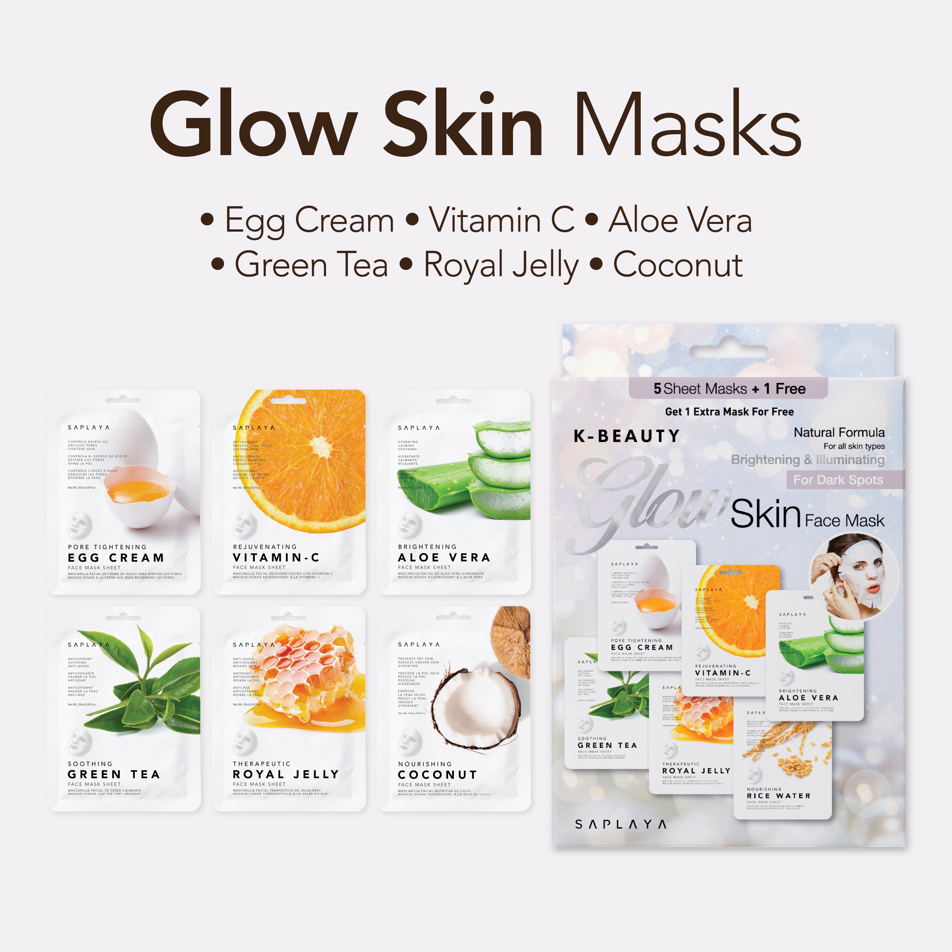 Saplaya - K-Beauty 6-Pack Face Mask Sheets | Glow Skin