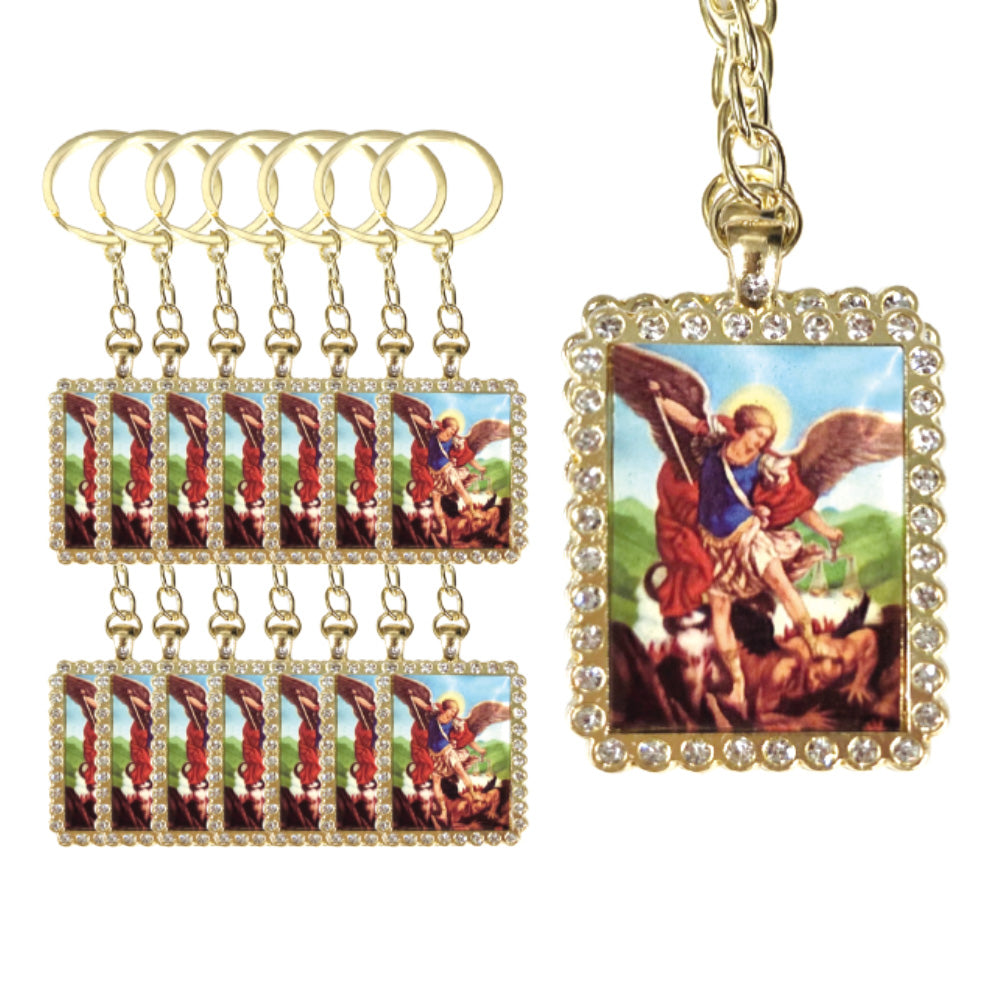 Key Chain - St. Michael Pendant Rectangle with Rhinestone (12 PCS)