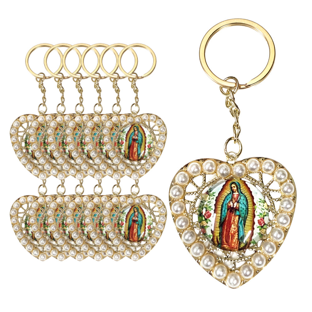 Key Chain - Holy Mary Pendant Heart with Pearl (12 PCS)