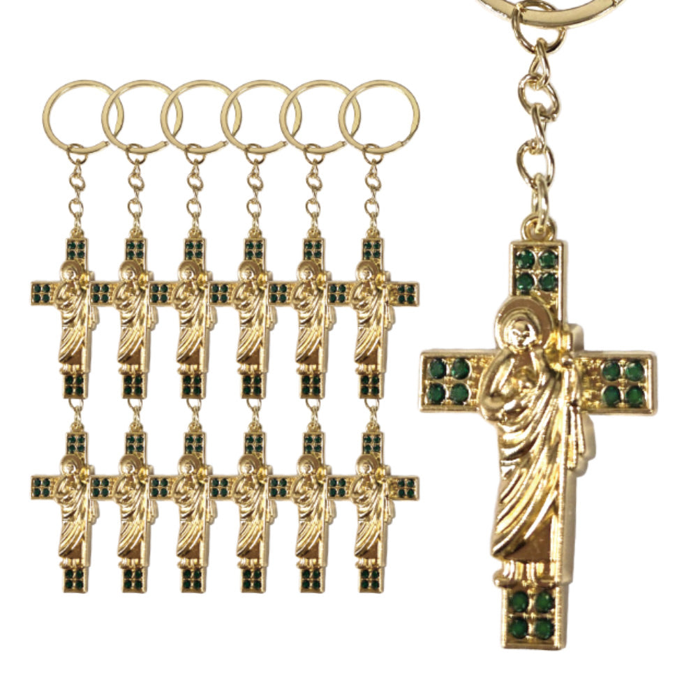 Key Chain - St. Jude Cross Pendant with Green Rhinestone (12 PCS)