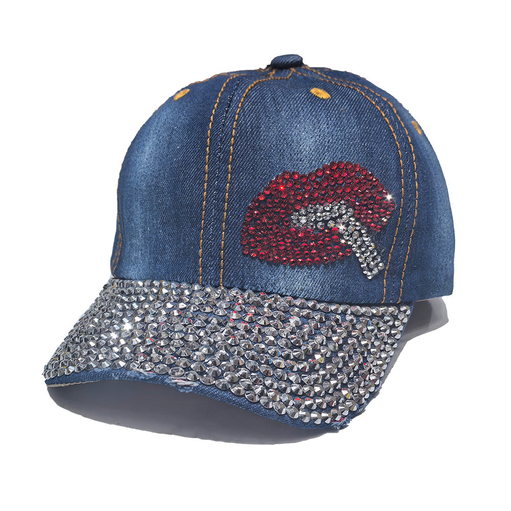 Rhinestone Denim Baseball Cap - Red Lips