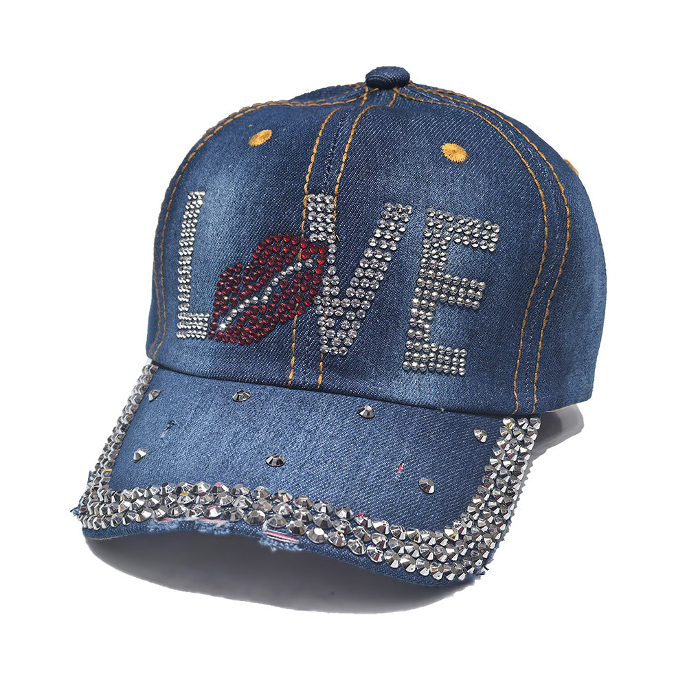 Rhinestone Denim Baseball Cap - LOVE Lips