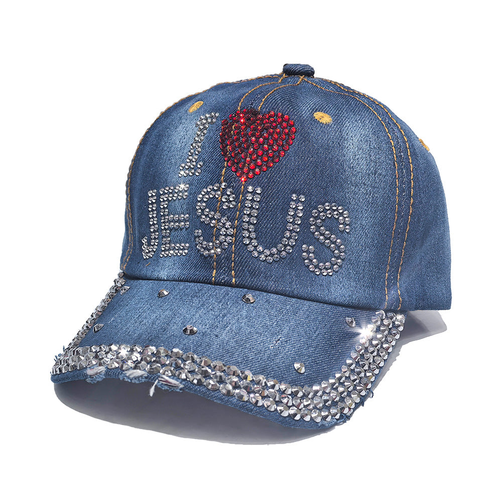 Rhinestone Denim Baseball Cap - I Love Jesus