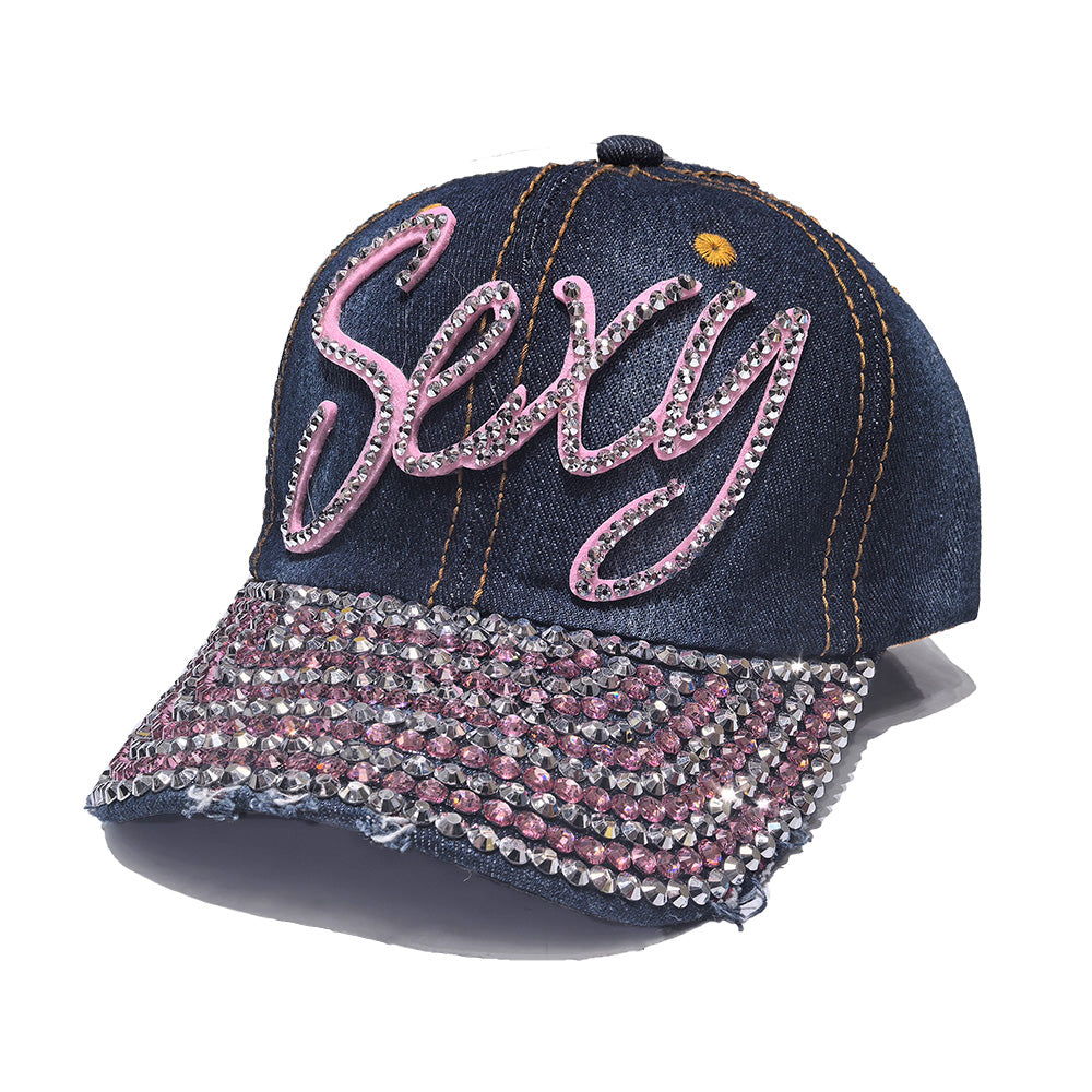 Rhinestone Denim Baseball Cap - Pink Sexy