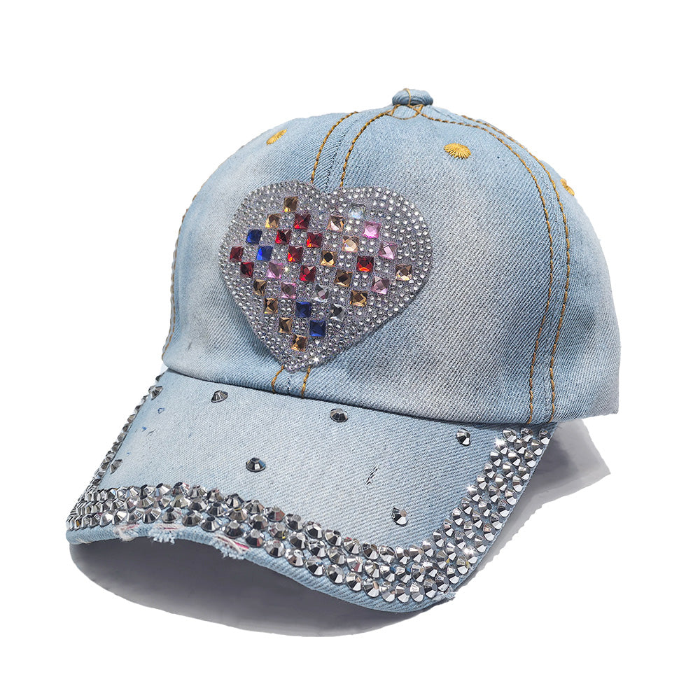 Rhinestone Light Denim Baseball Cap - Heart