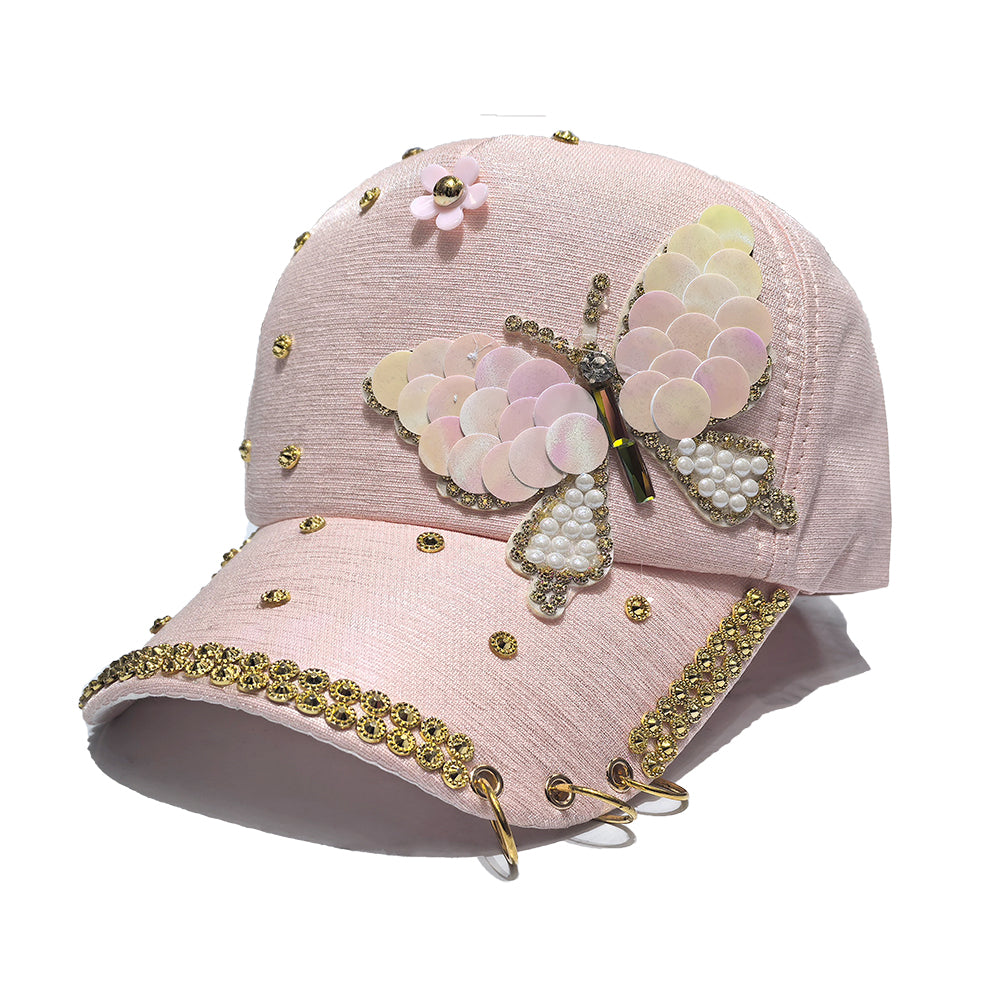 Rhinestone Pink Baseball Cap - Butterfly Bow