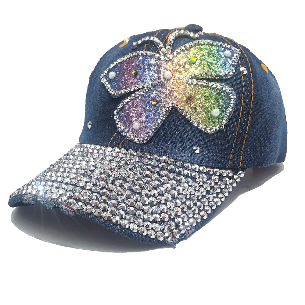 Rhinestone Denim Baseball Cap - Butterfly Patch
