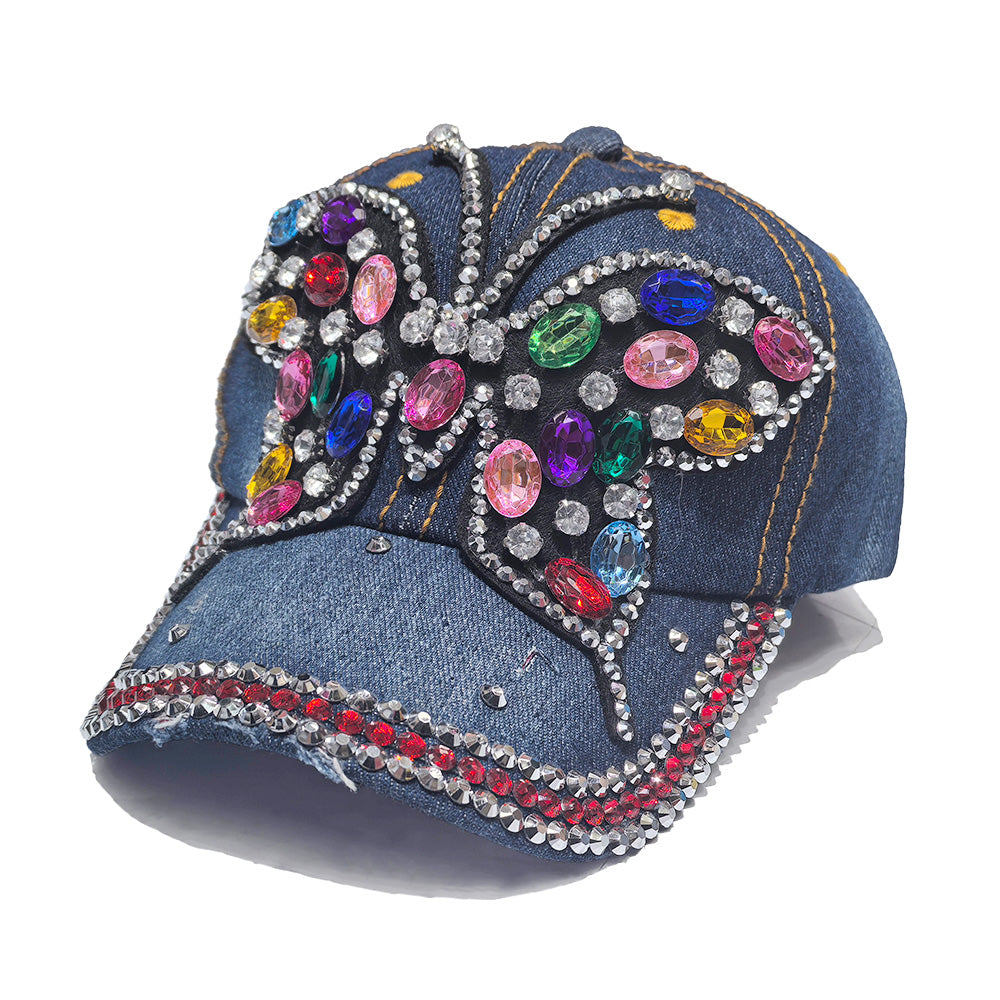 Rhinestone Denim Baseball Cap - Multi-Color Butterfly