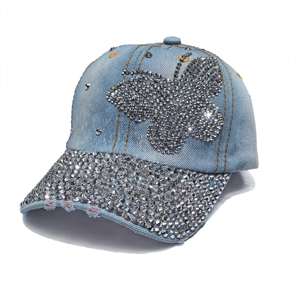 Rhinestone Light Denim Baseball Cap - Butterfly