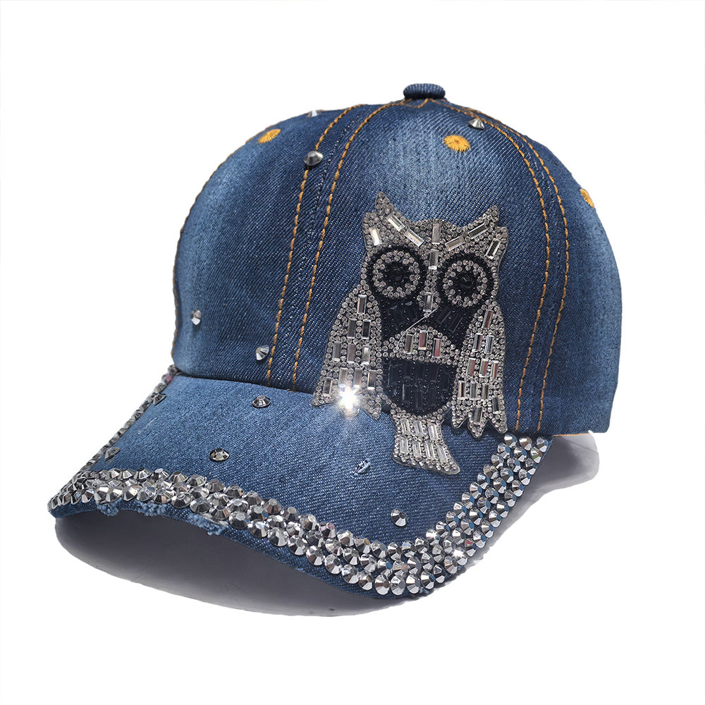 Rhinestone Denim Baseball Cap - Owl