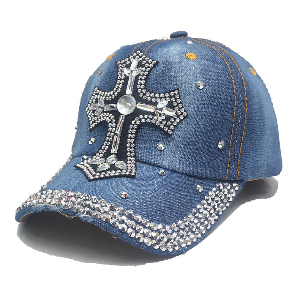 Rhinestone Light Denim Baseball Cap - Cross
