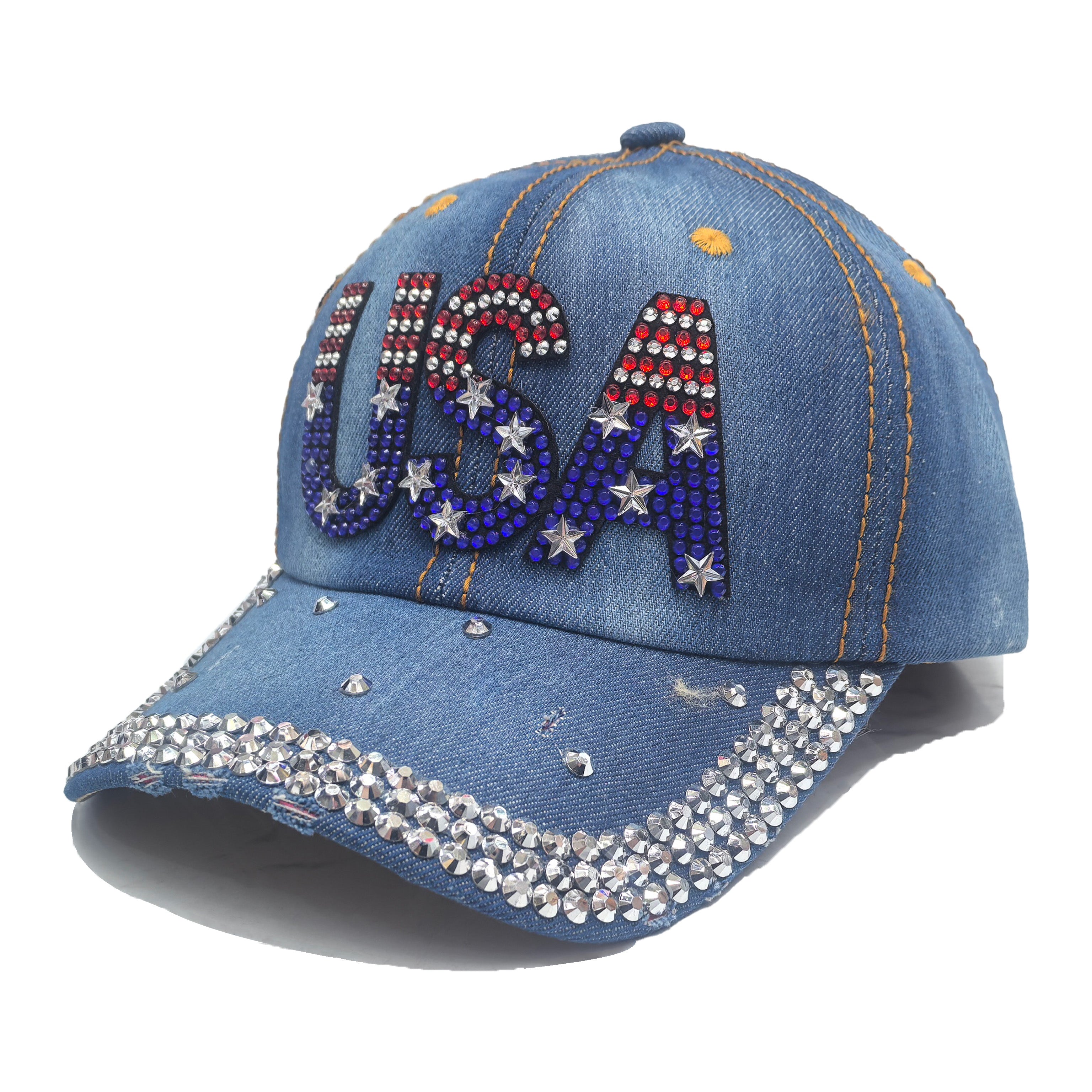 Rhinestone Denim Baseball Cap - USA