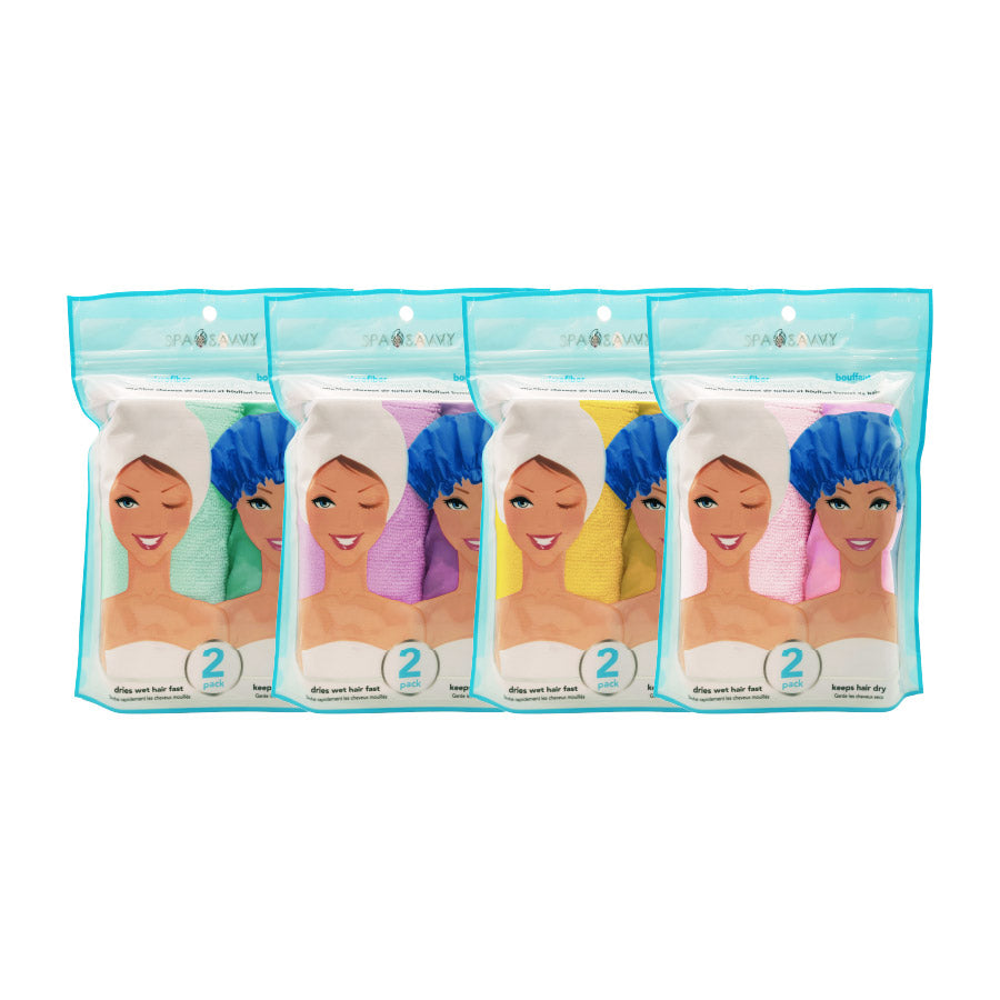 Spa Savvy 2 Pack Twist Turban and Bouffant Shower Caps
