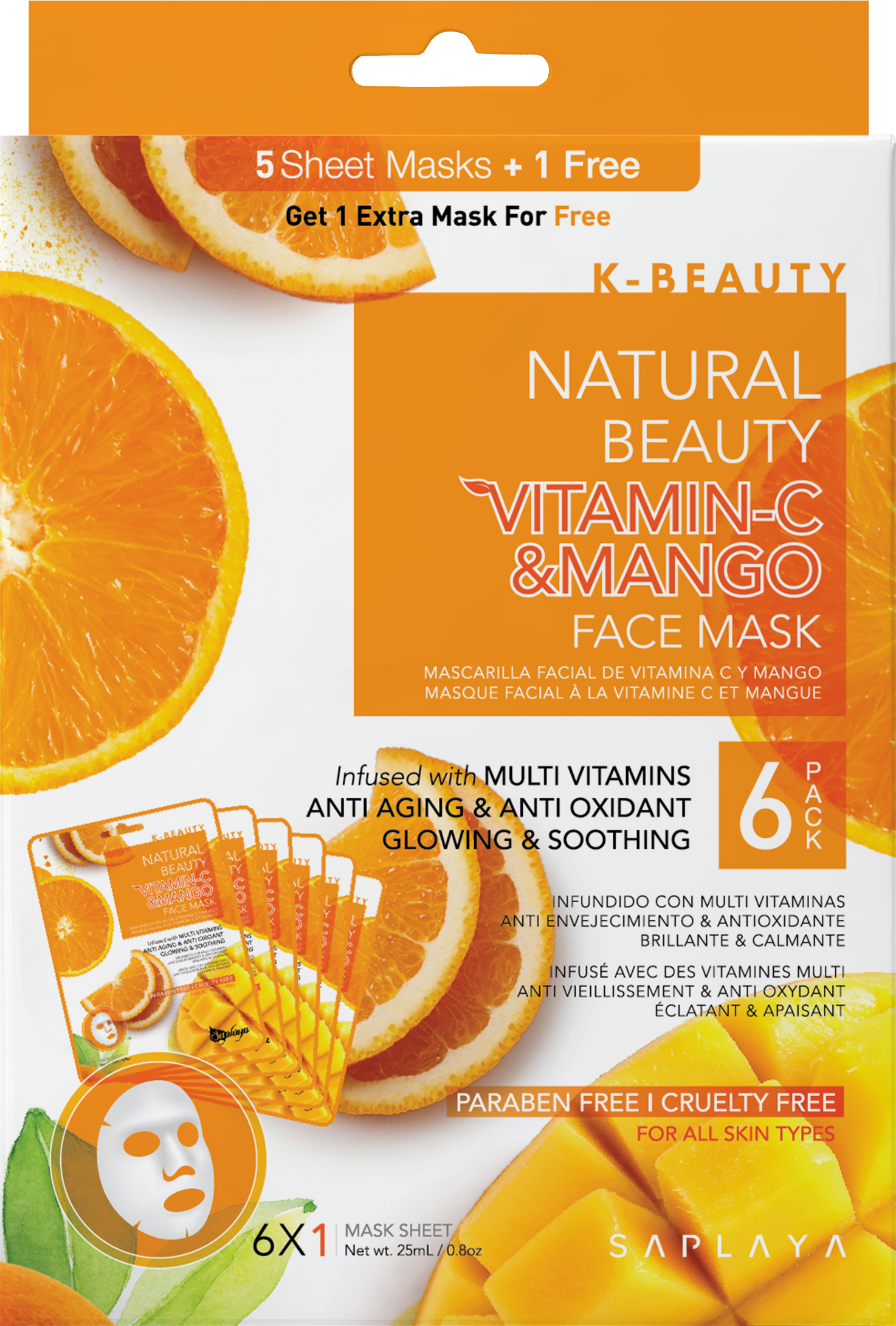 Saplaya - K-Beauty 6-pack Face Mask Sheets | Vitamin-C & Mango