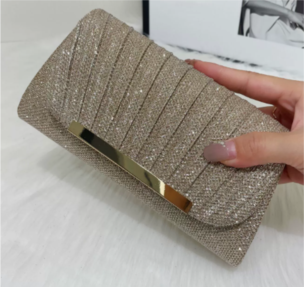 Pleated Glitter Bar Accent Evening Clutch
