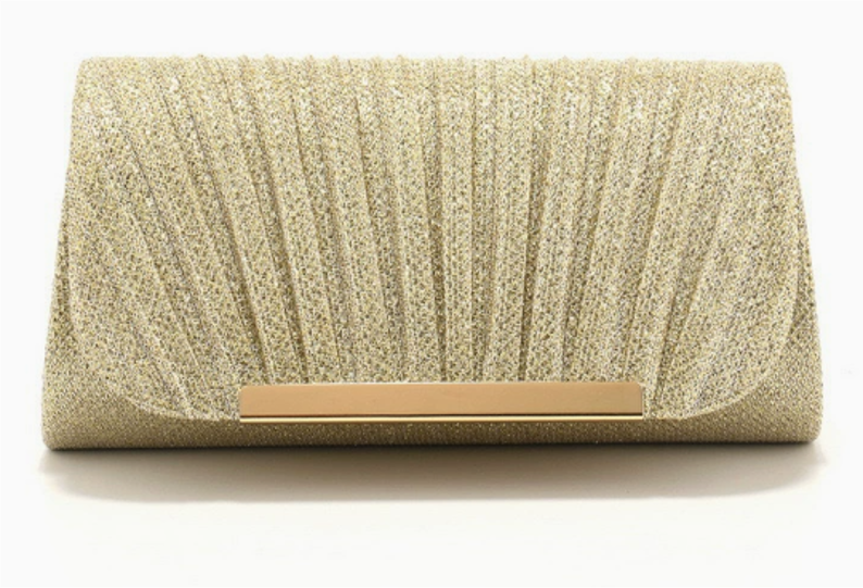 Pleated Glitter Bar Accent Evening Clutch