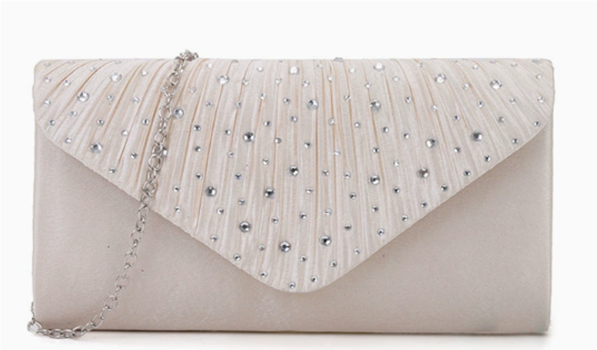 Pleated Rhinestone Envelope Evening Clutch