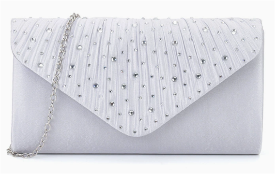 Pleated Rhinestone Envelope Evening Clutch