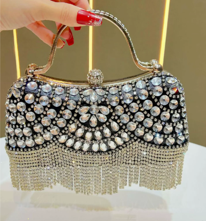 Rhinestone Gemstone Fringe Evening Handbag